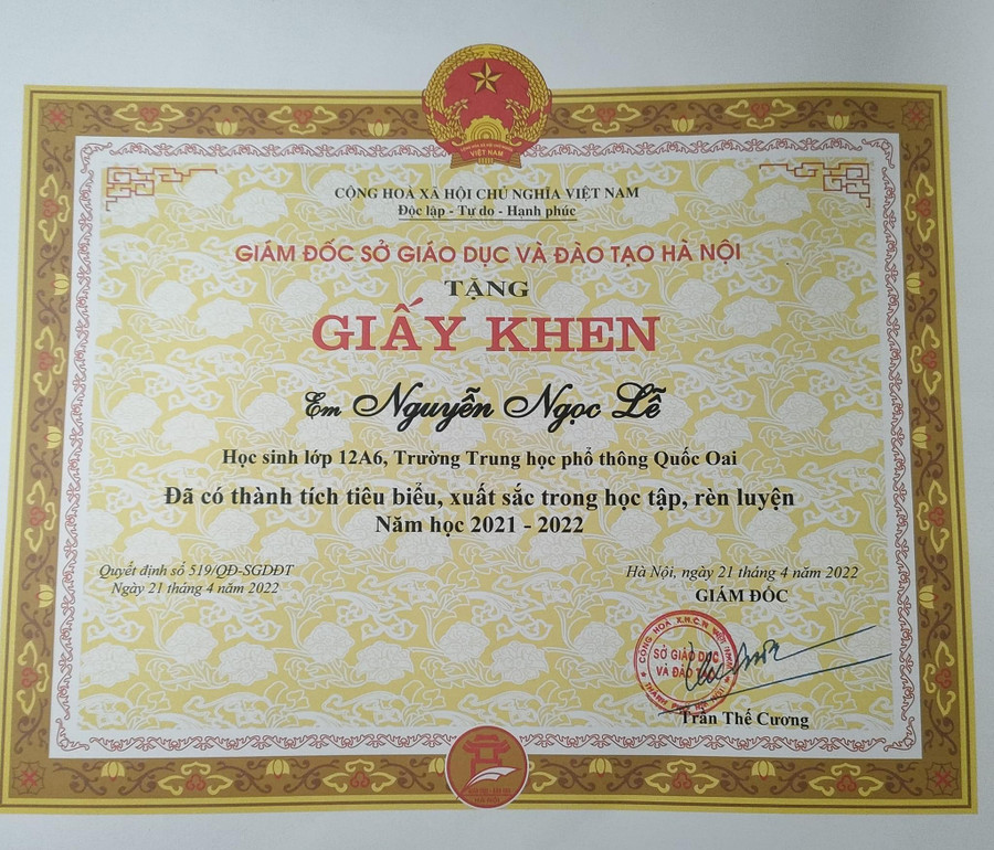 Giấy khen của Nguyễn Ngọc Lễ.