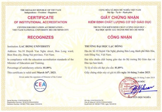 Giấy chứng nhận do Trung tâm kiểm định chất lượng giáo dục - ĐH Quốc gia TPHCM công nhận Giấy chứng nhận do Trung tâm kiểm định chất lượng giáo dục - ĐH Quốc gia TPHCM công nhận