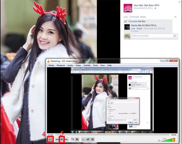 VLC, phần mềm quay màn hình máy tính: Trong quá trình ghi hình, trên khung cửa sổ VLC, bạn có thể bấm nút tạm dừng (nút 4), và có thể bấm nút kêt thúc ghi hình (nút 5). B4,5-Tai-VLC-Download-VLC-Phan-mem-quay-man-hinh-may-tinh.jpg