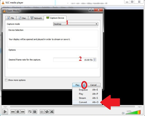 VLC, phần mềm quay màn hình máy tính: Lựa chọn Desktop (số 1) cho mục “Capture mode”, để tốc độ khung hình khoảng 15 (số 2), sau đó bấm mũi tên bên cạnh nút Play và chọn Convert (mũi tên). B2-Tai-VLC-Download-VLC-Phan-mem-quay-man-hinh-may-tinh.jpg
