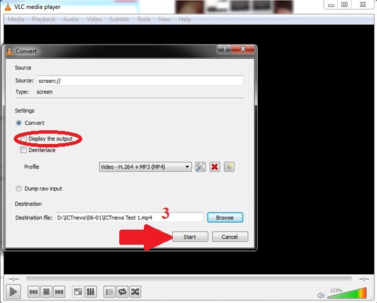 VLC, phần mềm quay màn hình máy tính: Đặt tên và chọn chỗ để video đầu ra (số 3), rồi bấm nút Start. Bạn có thể đánh dấu “Display the output” (khoanh đỏ) nếu như muốn theo dõi hình ảnh đang được ghi lại trên khung hình. B3-Tai-VLC-Download-VLC-Phan-mem-quay-man-hinh-may-tinh.jpg