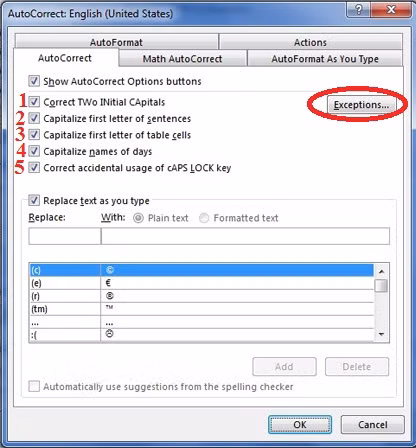 Bỏ tự động viết hoa Microsoft Word: Tích chọn hoặc bỏ chọn sửa lỗi viết hoa 2 chữ cái đầu (1), tự động viết hoa đầu câu (2), tự động viết hoa chữ cái đầu tiên trong ô bảng biểu (3), tự động viết hoa tên ngày tháng (4), và sửa lỗi viết hoa ngược do phím Caps Lock (5). Nếu không muốn tắt hoàn toàn tự động viết hoa, bạn có thể bấm nút Exceptions (khoanh đỏ). A3-Microsoft-Word-Tu-dong-viet-hoa-AutoCorrect.jpg