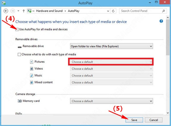 Tắt AutoPlay với thiết bị ngoại vi trên Win 8: Bỏ dấu tích trước lựa chọn “Use AutoPlay for all media and devices” (mũi tên 4), sau đó bấm nút Save (mũi tên 5). Với khung đỏ trong hình bạn có thể tùy chọn cách phản ứng đối định dạng file ảnh từ thiết bị ngoài. A4,5-Tat-AutoPlay-Win-8-Tu-dong-chay-o-dia-Windows-8.jpg