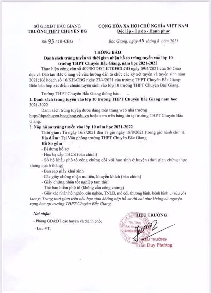 Thông báo của Trường THPT Chuyên Bắc Giang.