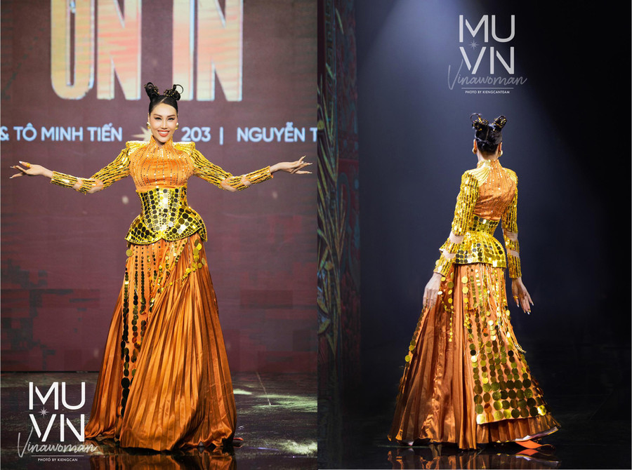 Thiết kế ỦN ỈN được trình diễn bởi Nguyễn Thị Quỳnh Anh tại Đêm trình diễn thiết kế trang phục dân tộc- Miss Universe 2022.