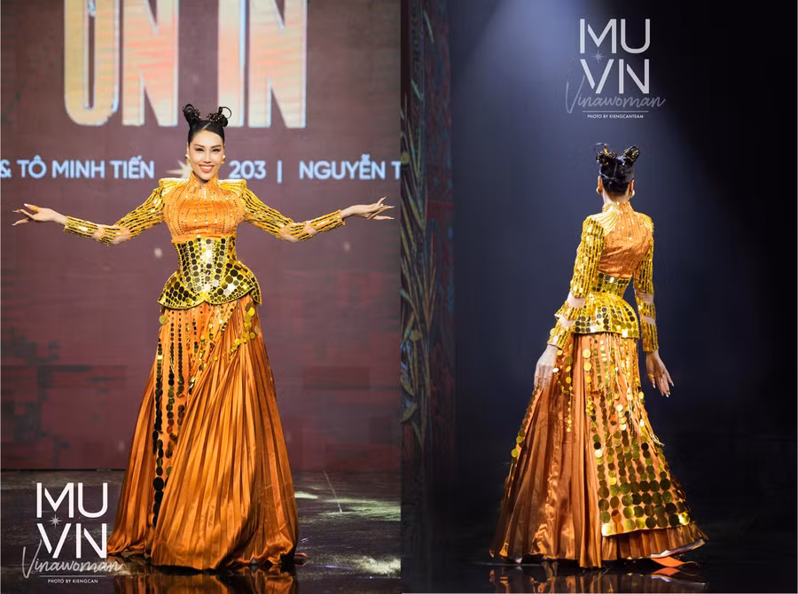 Thiết kế ỦN ỈN được trình diễn bởi Nguyễn Thị Quỳnh Anh tại Đêm trình diễn thiết kế trang phục dân tộc- Miss Universe 2022.