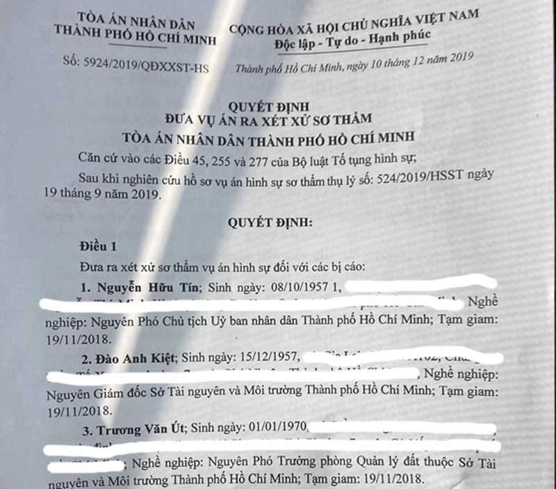 Quyết định đưa vụ án ra xét xử của TAND TPHCM