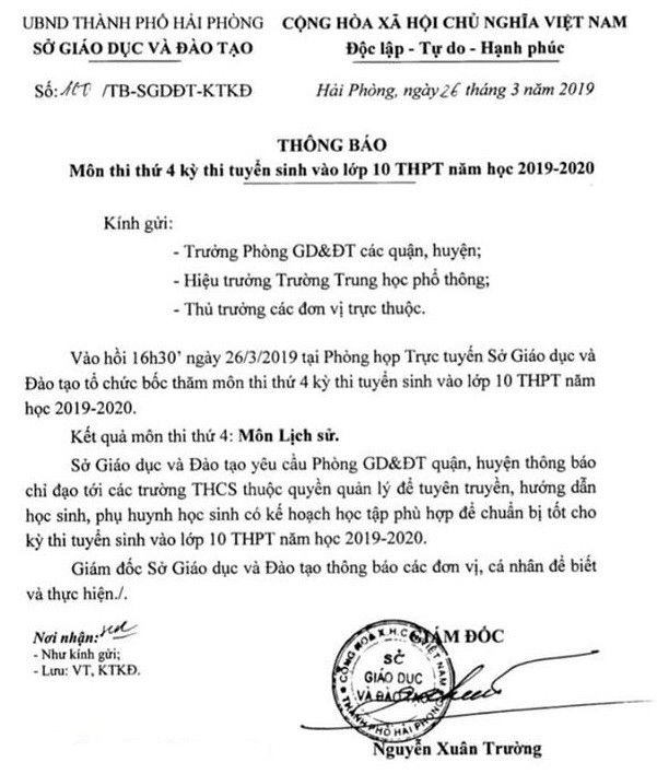 Thông báo của Sở GD&ĐT công bố môn thi thứ 4 Thông báo của Sở GD&ĐT công bố môn thi thứ 4