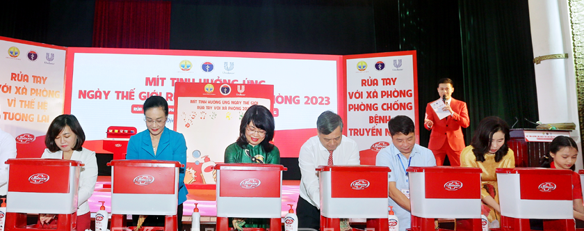 PGS. TS. Lương Mai Anh và các đại biểu thực hiện nghi thức hưởng ứng rửa tay với xà phòng.