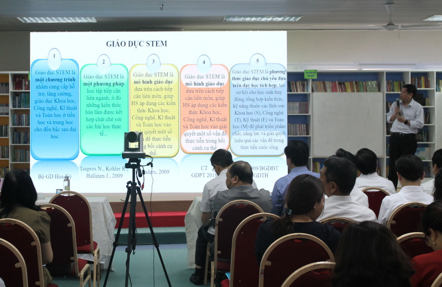 TS Tưởng Duy Hải - giảng viên Trường Đại học Sư phạm Hà Nội, chuyên gia tập huấn giáo dục STEM của Bộ GD&ĐT trình bày nội dung tập huấn. TS Tưởng Duy Hải - giảng viên Trường Đại học Sư phạm Hà Nội, chuyên gia tập huấn giáo dục STEM của Bộ GD&ĐT trình bày nội dung tập huấn.