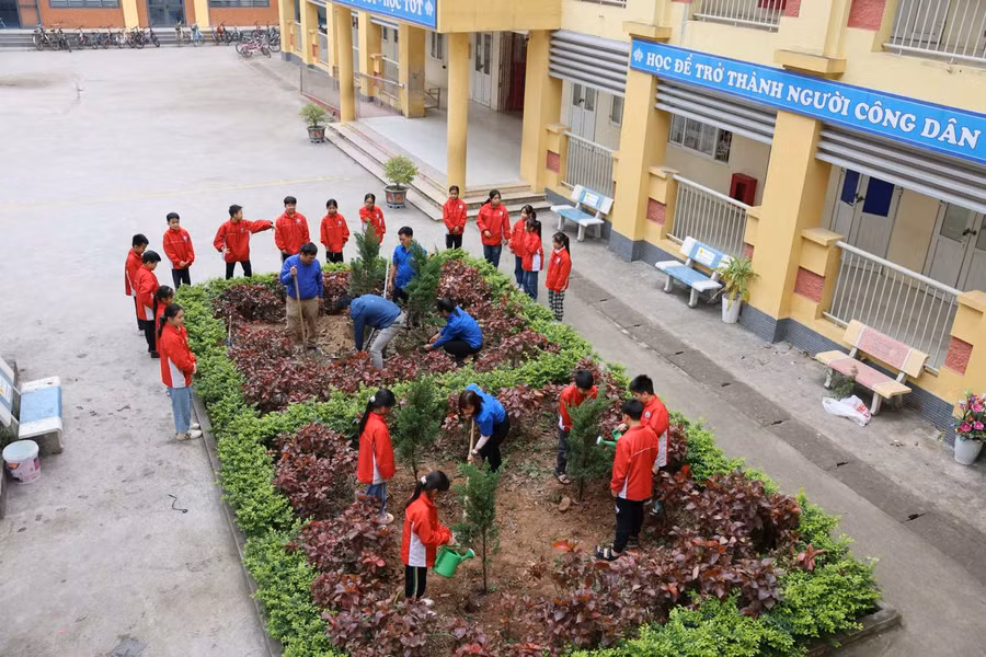 Tết trồng cây của Trường Tiểu học Mê Linh thu hút đông đảo thầy cô giáo và các em học sinh.