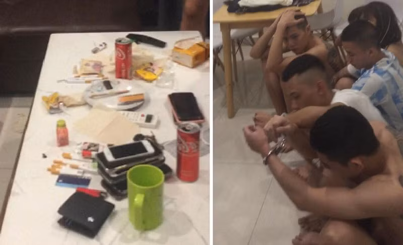 Nhóm thanh niên và tang vật bị cơ quan chức năng phát hiện bắt quả tang.