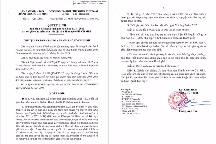Quyết định ký ngày 12/1 của UBND TPHCM về ban hành kế hoạch thời gian năm học 2021-2022 đối với giáo dục mầm non trên địa bàn TPHCM.