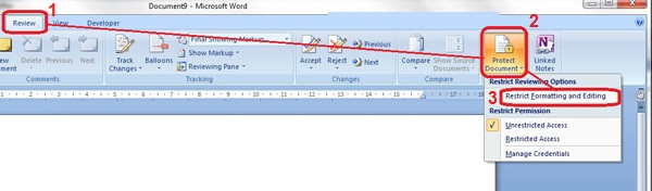 Bảo mật file Word: Đối với Word 2007, tính năng chống chỉnh sửa và sao chép văn bản được ẩn sâu hơn dưới mục Review (1) => Protect Document (2) => Restrict Formatting and Editing (3). 2-Bao-mat-file-Word-2003-2007-2010-2013.jpg