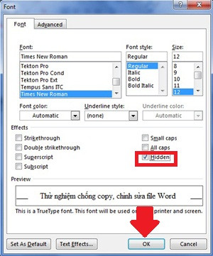Bảo mật file Word: Bảng chọn Font hiện ra, hãy tích Hidden (khung đỏ) rồi OK (mũi tên). A2-Bao-mat-file-Word-2003-2007-2010-2013.jpg