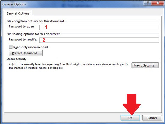 Bảo mật file Word: Hộp thoại General Options hiện ra sẽ yêu cầu nhập mật khẩu. Cái ô nhập mật khẩu số 1 là để chống mở file, ô nhập số 2 để chống chỉnh sửa (nhập chống mở thôi cũng được mà nhập cả hai cũng được). Xong xuôi hãy nhấp OK (mũi tên). B2-Bao-mat-file-Word-2003-2007-2010-2013.jpg