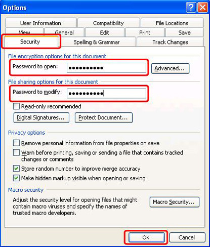 Bảo mật file Word: Riêng với Word 2003, bạn có thể đặt mật khẩu chống mở bằng cách vào Tools => Options => Security, sẽ có chỗ để nhập 2 loại mật khẩu tương tự như trên. B4,5-Bao-mat-file-Word-2003-2007-2010-2013.jpg