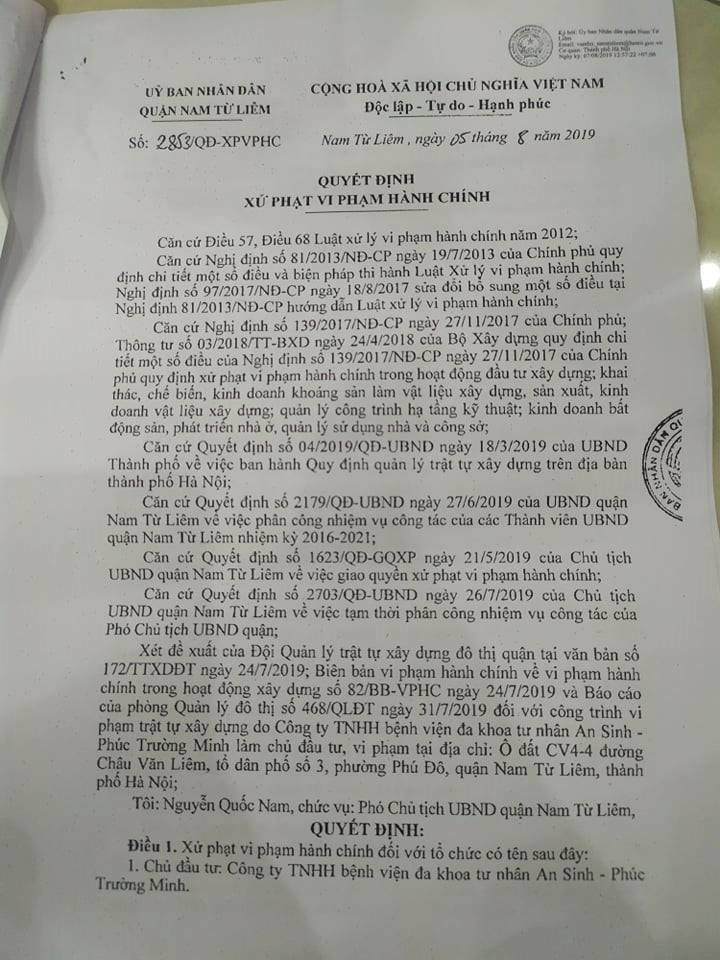 UBND quận Nam Từ Liêm ban hành quyết định xử phạt vi phạm hành chính (số 2853) đối với Công ty TNHH BVĐK tư nhân An Sinh - Phúc Trường Minh. UBND quận Nam Từ Liêm ban hành quyết định xử phạt vi phạm hành chính (số 2853) đối với Công ty TNHH BVĐK tư nhân An Sinh - Phúc Trường Minh.