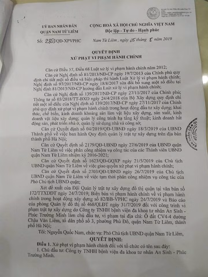 UBND quận Nam Từ Liêm ban hành quyết định xử phạt vi phạm hành chính (số 2853) đối với Công ty TNHH BVĐK tư nhân An Sinh - Phúc Trường Minh.