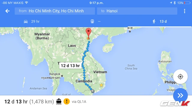 Google Maps chỉ đường đi bộ từ TP.HCM tới Hà Nội xuyên qua... 4 nước 