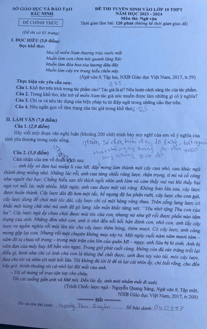 Đề Ngữ văn thi vào lớp 10 THPT năm học 2023 -2024 tại Bắc Ninh.