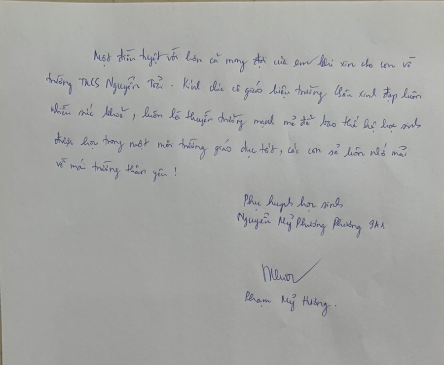 Dòng thư tay của phụ huynh Phạm Mỹ Hương gửi đến cô Hiệu trưởng và thầy cô trường THCS Nguyễn Trãi. Dòng thư tay của phụ huynh Phạm Mỹ Hương gửi đến cô Hiệu trưởng và thầy cô trường THCS Nguyễn Trãi.