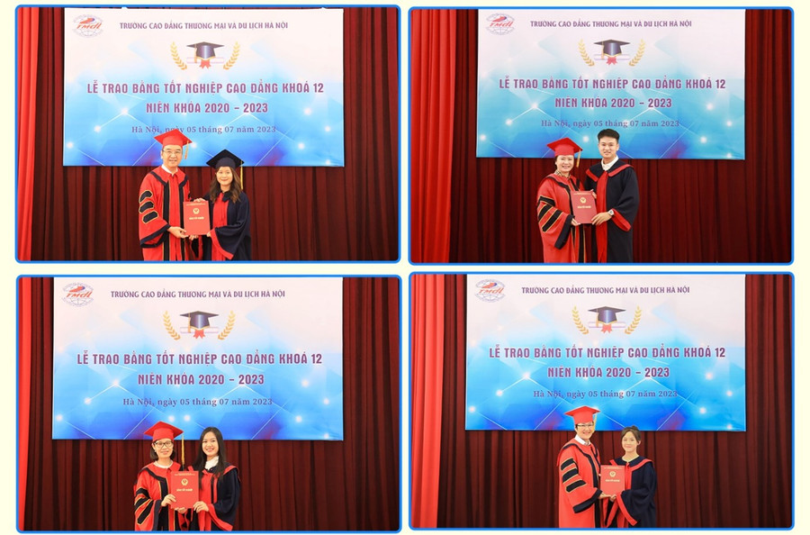 Đại diện Ban giám hiệu nhà trường và lãnh đạo các Khoa trao bằng cho các tân cử nhân khóa 12.