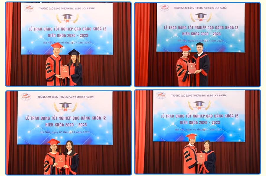 Đại diện Ban giám hiệu nhà trường và lãnh đạo các Khoa trao bằng cho các tân cử nhân khóa 12.