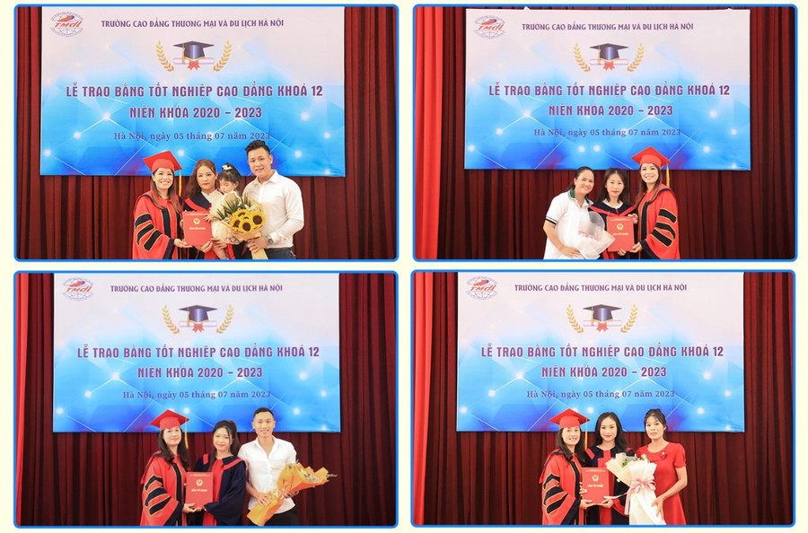 Đại diện Trường Cao đẳng Thương mại và Du lịch Hà Nội trao bằng tốt nghiệp cho các tân cử nhân khóa 12 cùng với sự chứng kiến của gia đình.