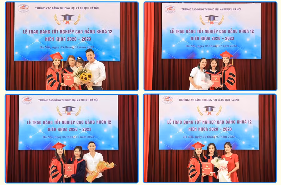 Đại diện Trường Cao đẳng Thương mại và Du lịch Hà Nội trao bằng tốt nghiệp cho các tân cử nhân khóa 12 cùng với sự chứng kiến của gia đình.