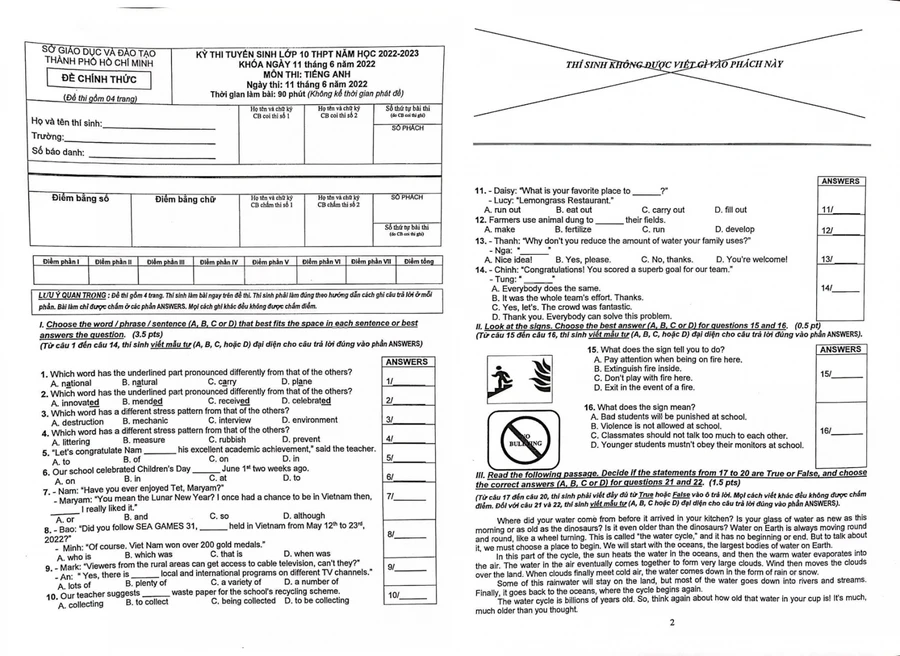 Trang 1 và 2 đề thi tuyển sinh lớp 10 môn Tiếng Anh tại TPHCM (chiều 11/6/2022).