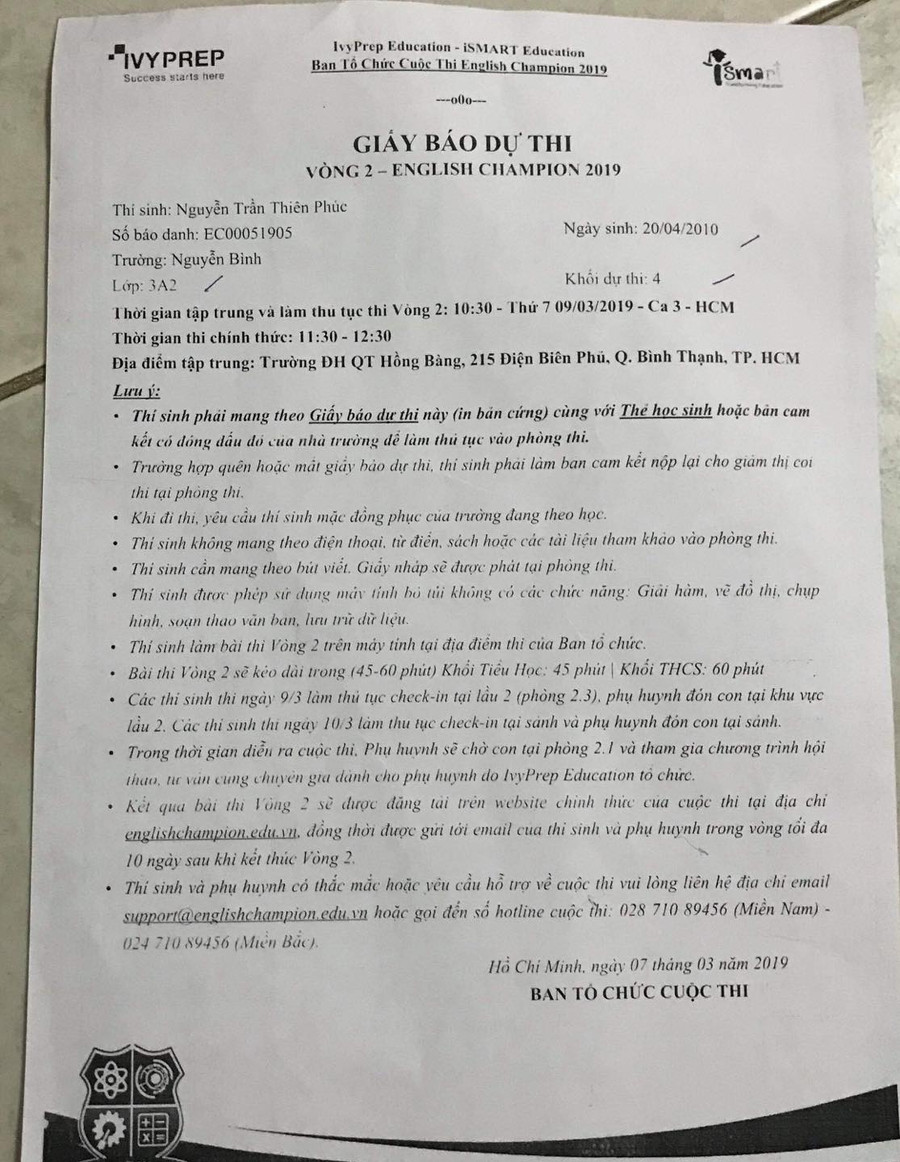 Giấy báo dự thi vòng 2 của cháu Thiên Phúc có ghi rõ học lớp 3A2 (ảnh gia đình cung cấp) Giấy báo dự thi vòng 2 của cháu Thiên Phúc có ghi rõ học lớp 3A2 (ảnh gia đình cung cấp)