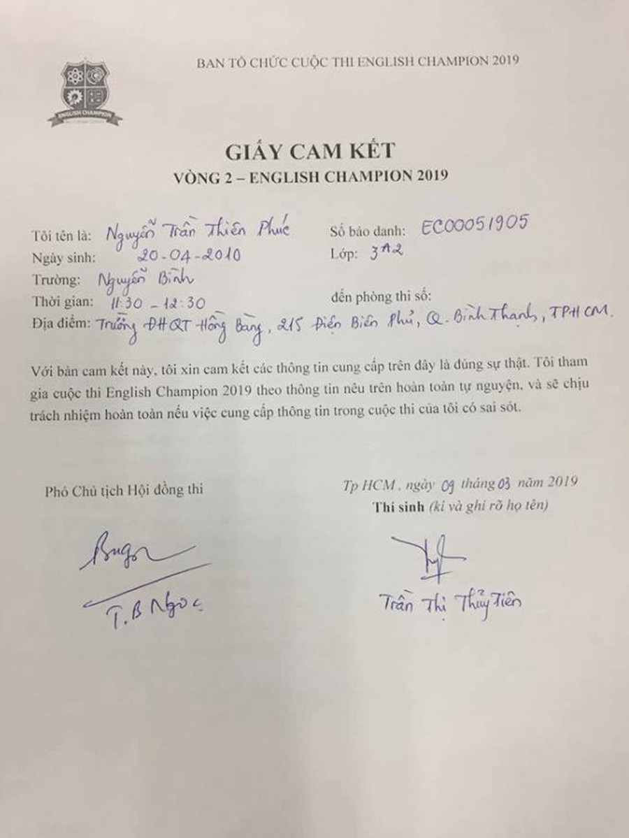 Giấy cam kết của gia đình thí sinh Thiên Phúc do BTC cung cấp Giấy cam kết của gia đình thí sinh Thiên Phúc do BTC cung cấp