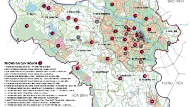 Bản đồ quy hoạch tượng đài của thành phố Hà Nội đến năm 2020, định hướng đến 2030.