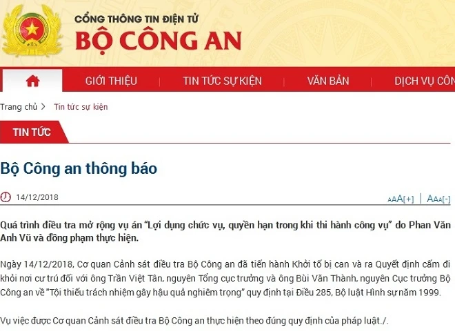 Khởi tố 2 cựu Thứ trưởng Bộ Công an Trần Việt Tân và Bùi Văn Thành