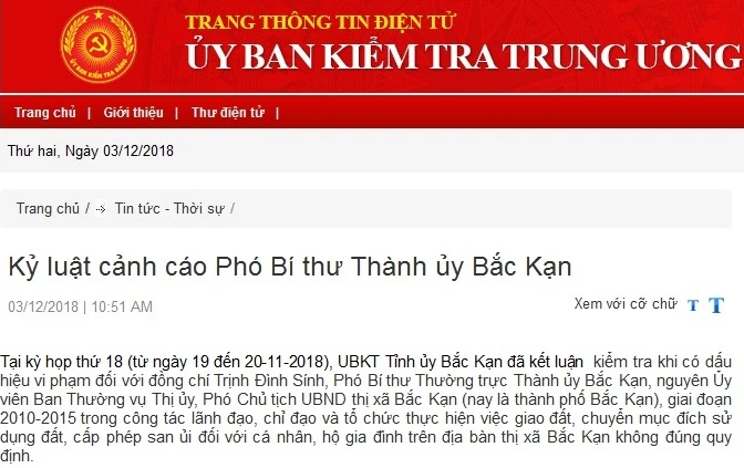 Kỷ luật Cảnh cáo Phó Bí thư Thành ủy Bắc Kạn