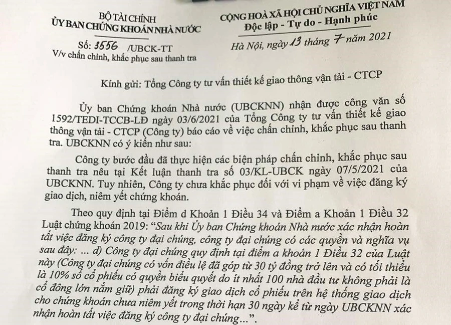 Văn bản của Thanh tra UBCKNN gửi TEDI yêu cầu doanh nghiệp thực hiện đúng quy định của pháp luật về việc phải đăng ký giao dịch, niêm yết chứng khoán. 