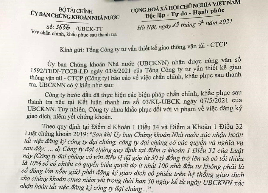 Văn bản của Thanh tra UBCKNN gửi TEDI yêu cầu doanh nghiệp thực hiện đúng quy định của pháp luật về việc phải đăng ký giao dịch, niêm yết chứng khoán. 