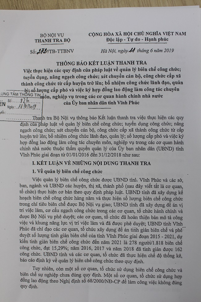 Thông báo kết luận thanh tra số 272 của Thanh tra Bộ Nội vụ Thông báo kết luận thanh tra số 272 của Thanh tra Bộ Nội vụ