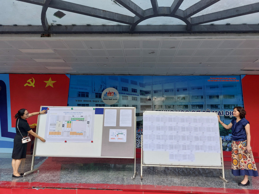 Hệ thống thông tin, sơ đồ phòng thi, phòng chờ... được hoàn tất tại điểm thi Trường THCS Mai Dịch.