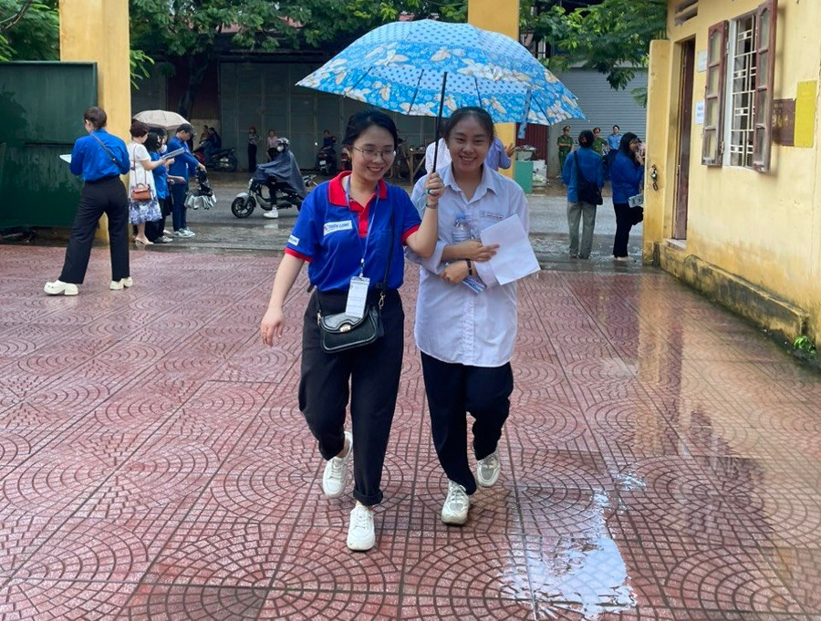 Tình nguyện viên che ô cho thí sinh ở điểm thi Trường THPT Nguyễn Du (TP Bắc Ninh). Tình nguyện viên che ô cho thí sinh ở điểm thi Trường THPT Nguyễn Du (TP Bắc Ninh).