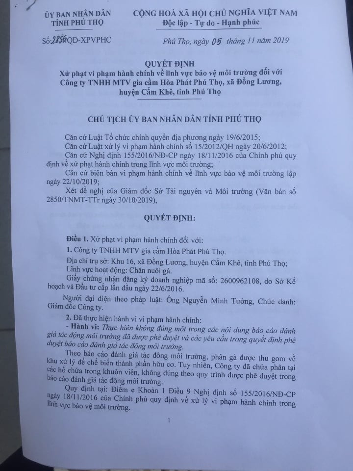 Quyết định xử phạt vi phạm hành chính của UBND tỉnh Phú Thọ đối với Công ty Hòa Phát. Quyết định xử phạt vi phạm hành chính của UBND tỉnh Phú Thọ đối với Công ty Hòa Phát.