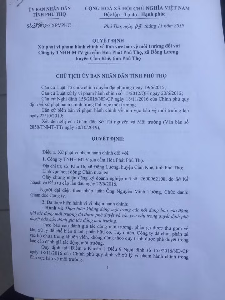 Quyết định xử phạt vi phạm hành chính của UBND tỉnh Phú Thọ đối với Công ty Hòa Phát.