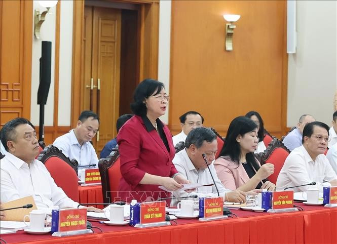 Đồng chí Bùi Thị Minh Hoài, Ủy viên Bộ Chính trị, Bí thư Thành ủy Thành phố Hà Nội phát biểu. Ảnh: Thống Nhất/TTXVN.