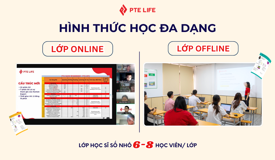 Rút ngắn 40% thời gian ôn luyện, nhân đôi hiệu quả với lớp học tinh gọn và phương pháp học 4:1 duy nhất tại PTE Life. hinh-thuc-hoc-da-dang.png