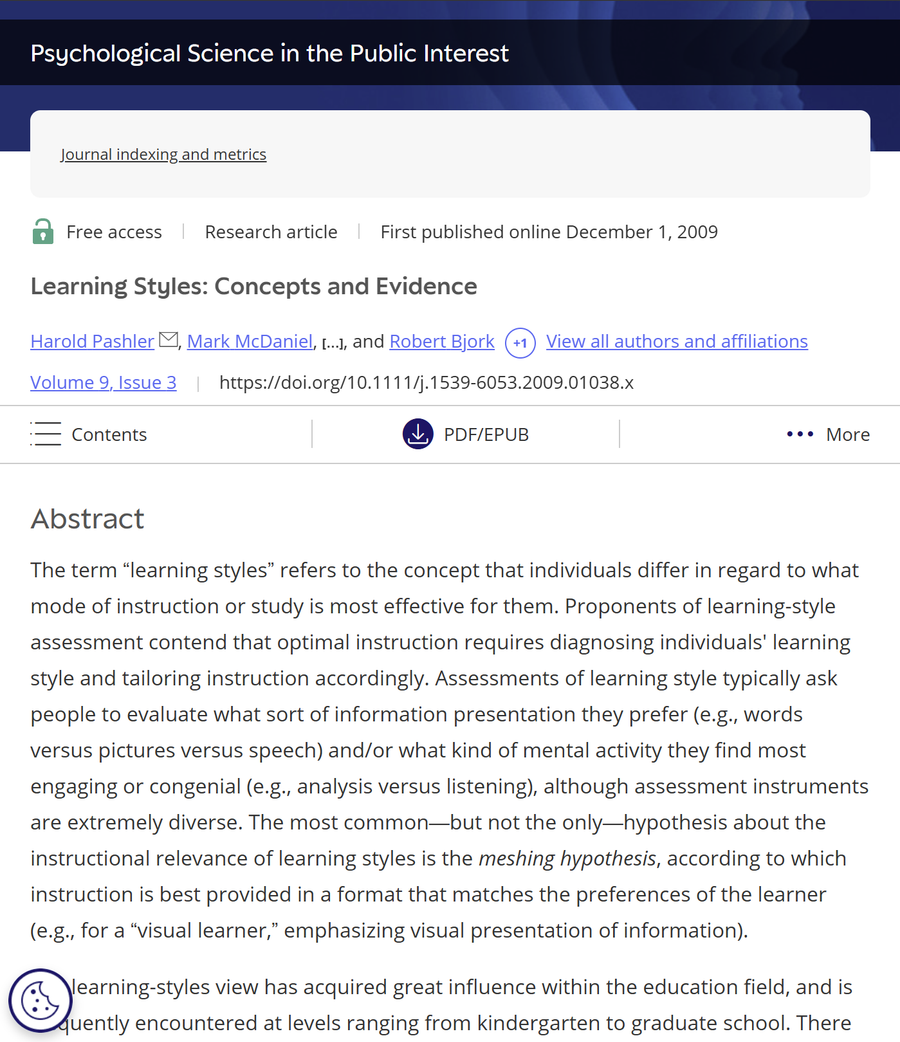 Bài nghiên cứu “Phong cách học tập: Khái niệm và Bằng chứng” được đăng tải trên Sage Journals. (Ảnh chụp màn hình)