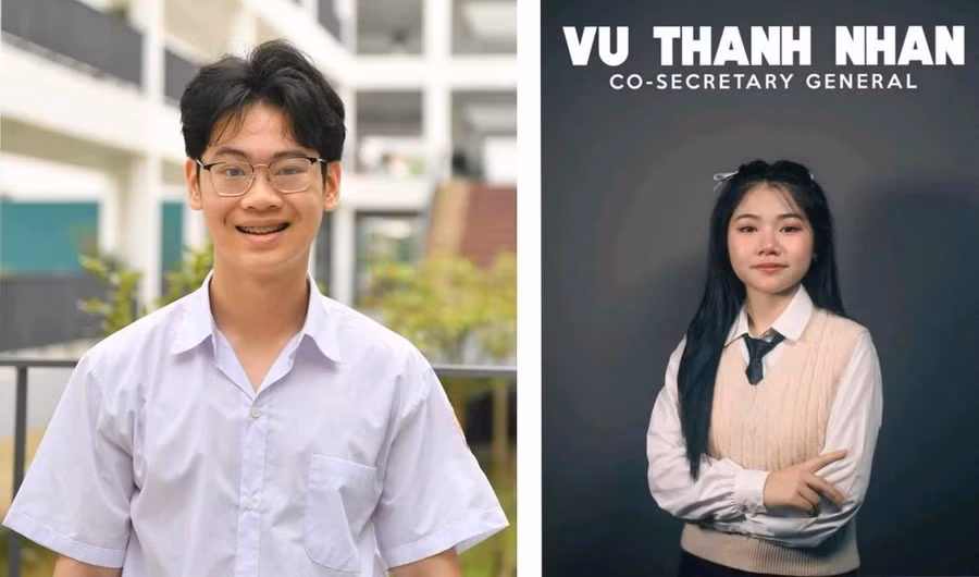 Em Đỗ Trung Dũng (bên trái) và em Vũ Thanh Nhàn học sinh Trường THPT Chuyên Tuyên Quang được nhận học bổng từ trường quốc tế.