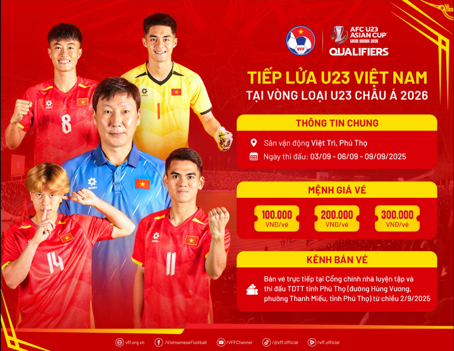 Bán vé trực tiếp xem thi đấu vòng loại giải Bóng đá U23 châu Á 2026 tại Phú Thọ