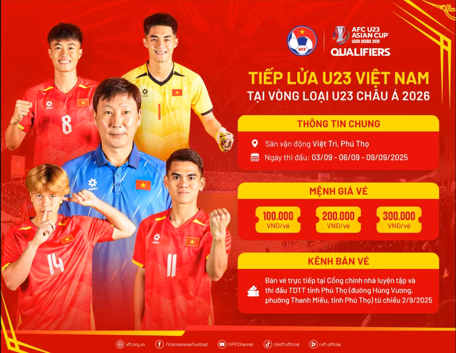 Bán vé trực tiếp xem thi đấu vòng loại giải Bóng đá U23 châu Á 2026 tại Phú Thọ