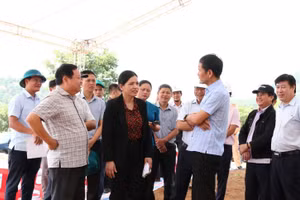 Bà Y Ngọc (thứ 2 từ trái sang) - Phó Chủ tịch Thường trực UBND tỉnh Quảng Ngãi kiểm tra công tác chuẩn bị Lễ khởi công. Ảnh: Cổng TTĐT tỉnh Quảng Ngãi